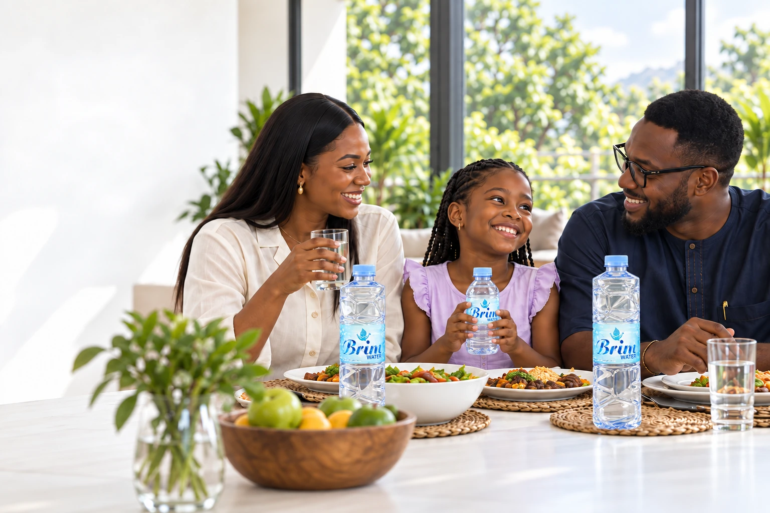 A family sharing a meal, with a child holding Brim’s small 35cl bottle.
